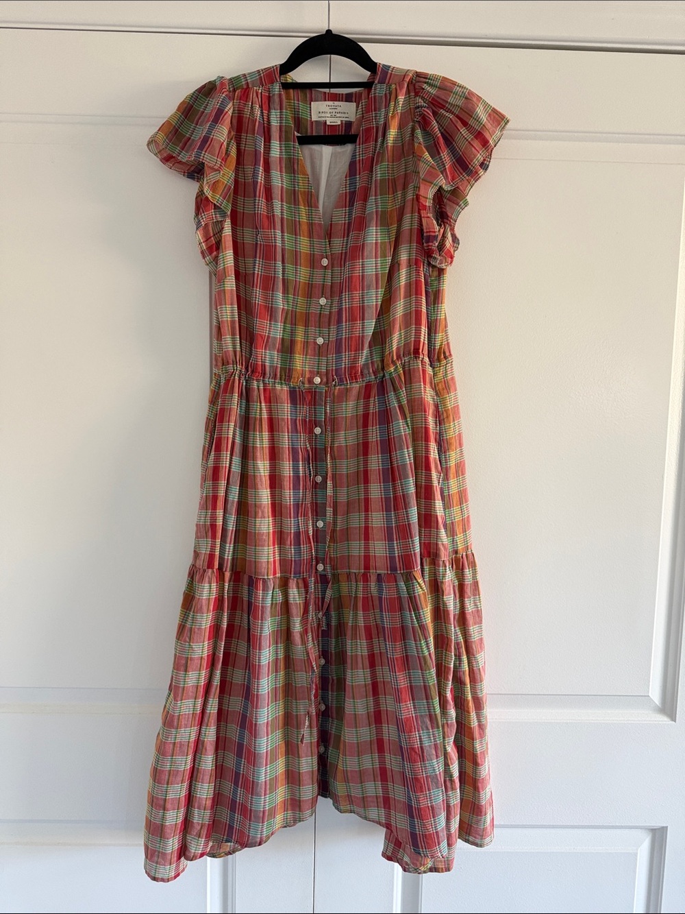 Trovata Birds of Paradise Tiered Button-Front Midi Dress- Red Plaid- Small